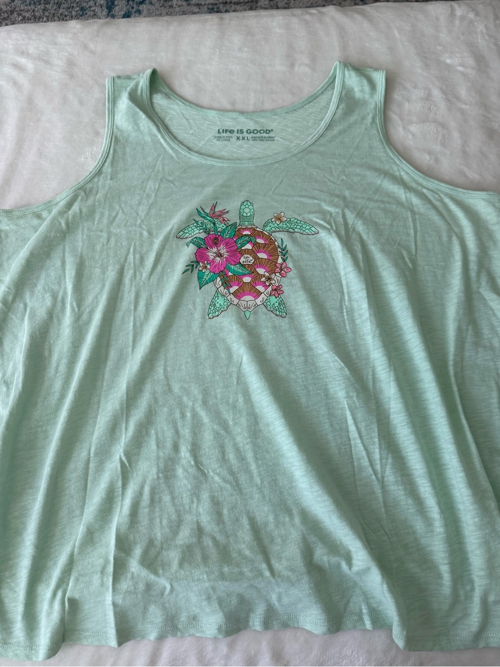 Life Is Good Women's Mint Tank Top with Floral Turtle Graphic xxl d86